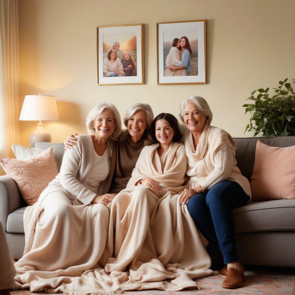 A warm and tender scene depicting a multi-generational family gathered in a cozy living room, sharing laughter and hugs. Soft lighting casts a gentle glow on their faces, highlighting expressions of joy and love. Include elements like a family photo on the wall and a blanket draped over the couch to symbolize comfort and togetherness. Emphasize warmth and connection with light pastel colors. painting. vibrant colors.