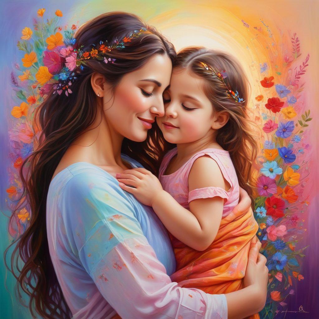 A warm and nurturing scene depicting a mother embracing her child, surrounded by vibrant threads representing emotional connections. The background features soft, pastel colors, symbolizing comfort and love. Subtle elements like hearts and flowers woven into the threads to enhance the feeling of unconditional love. Overall, the atmosphere should be inviting and heartwarming. painting. vibrant colors.