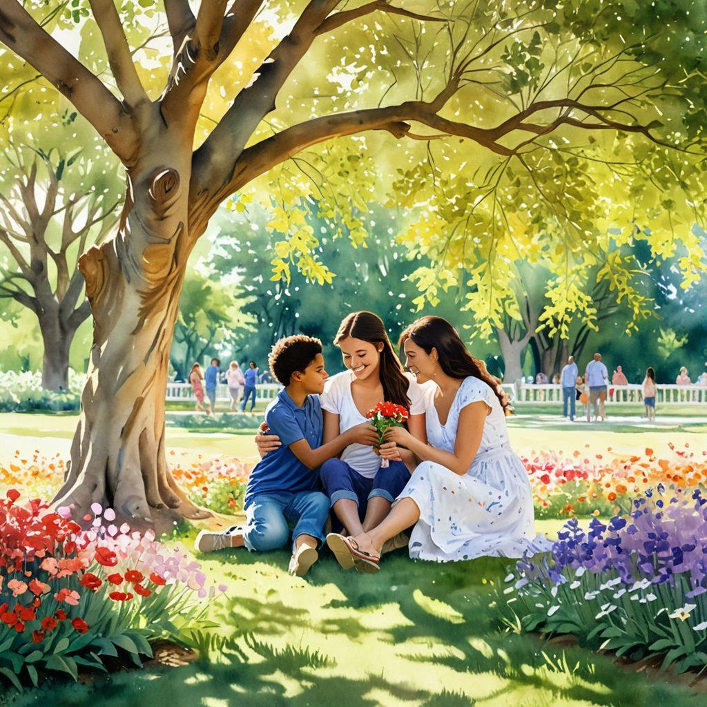 A heartwarming scene depicting a diverse family embracing each other in a sunlit park, surrounded by blooming flowers symbolizing unconditional love and care. Include soft, warm colors reflecting joy and connection, with playful children engaging nearby, showcasing the beauty of familial bonds. Artistic touch with a gentle watercolor effect to enhance emotional warmth. watercolor. vibrant colors. warm atmosphere.